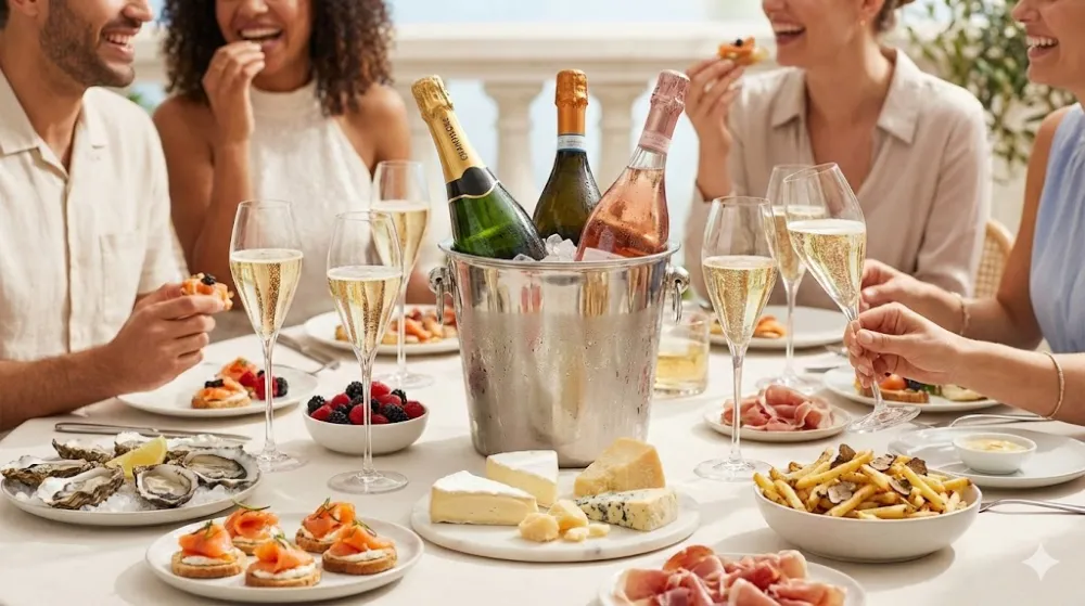 Святковий стіл з ігристим вином, устрицями, сирами та закусками на терасі з людьми, що спілкуються