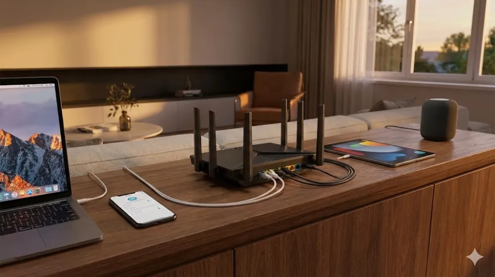 Сучасний Wi-Fi роутер з антенами, ноутбук та гаджети в домашній мережі для стабільного підключення до інтернету.