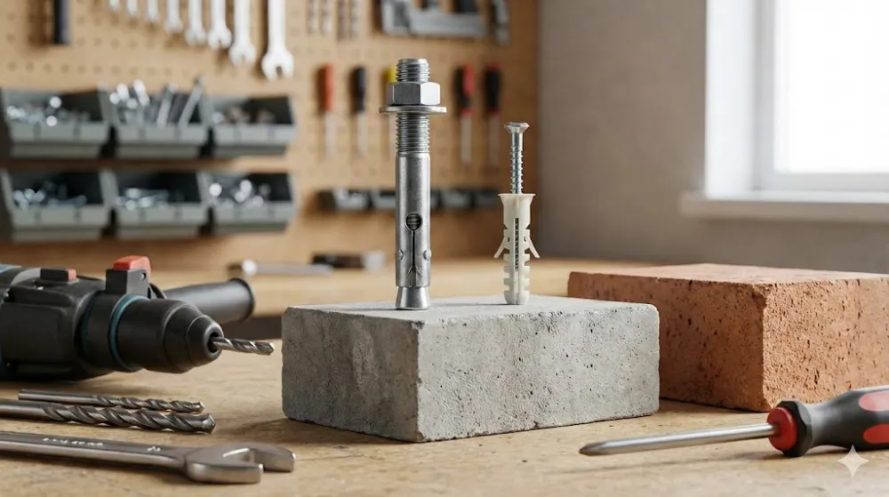 Металевий анкер і пластиковий дюбель із шурупом на бетонному блоці. Поруч дриль, свердла та цегла на верстаку