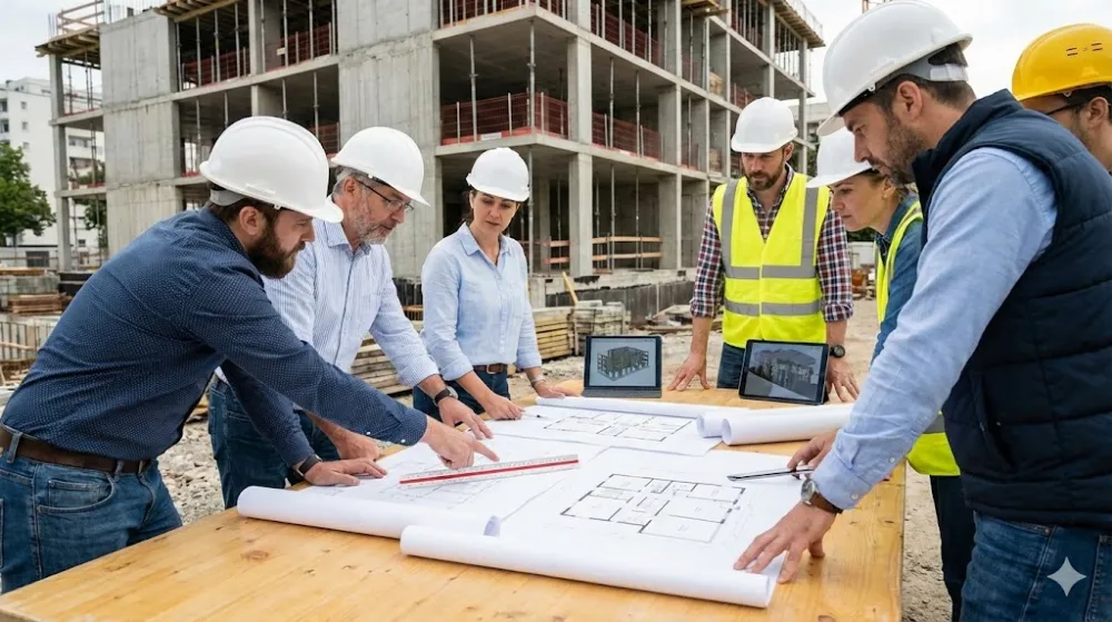 Фахівці в касках обговорюють проєкт, вказуючи на деталі будівельних креслень на столі на тлі недобудованої бетонної споруди