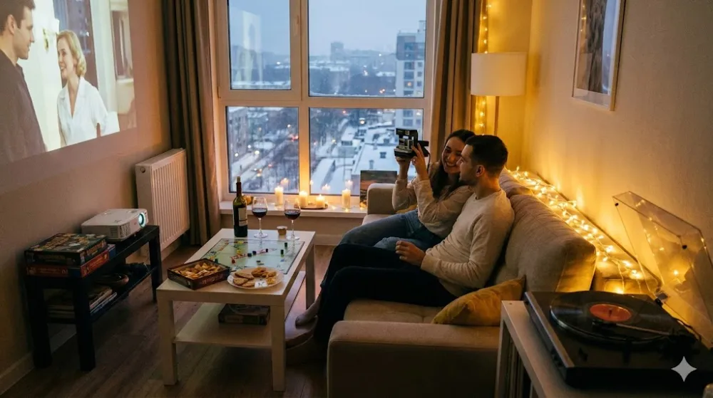 Пара на дивані влаштовує затишне побачення з кінопроектором, вином та вогниками в домашній атмосфері