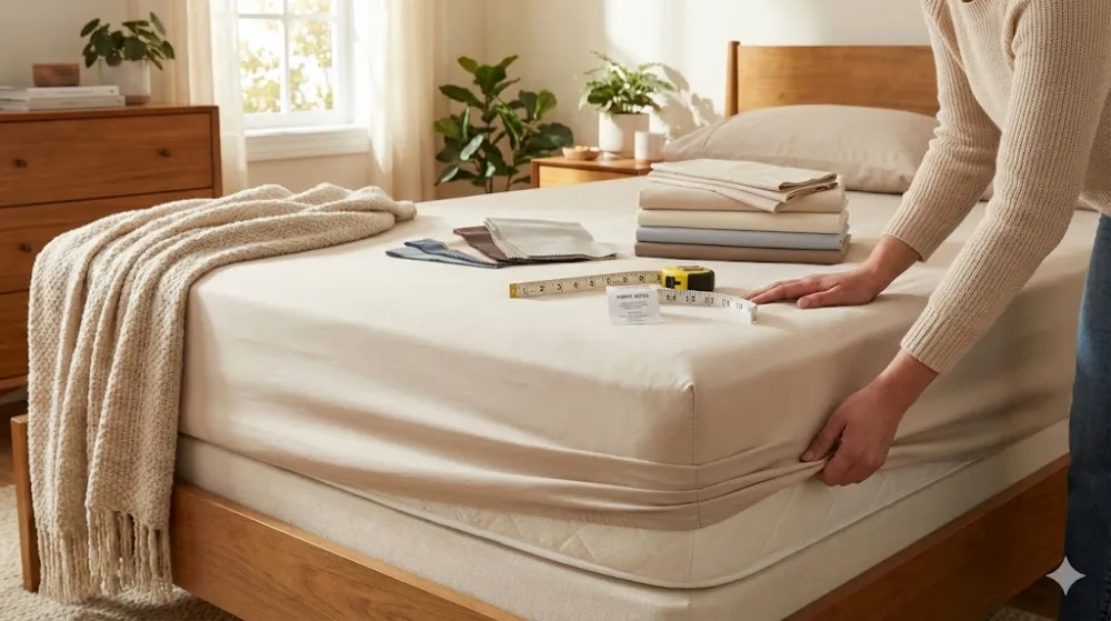 Жінка застеляє ліжко простирадлом на гумці, перевіряючи його розмір рулеткою, що лежить поруч із зразками тканин