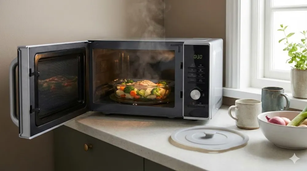 Відкрита мікрохвильова піч, з якої йде пара. Всередині стоїть скляна форма з овочами та рибою