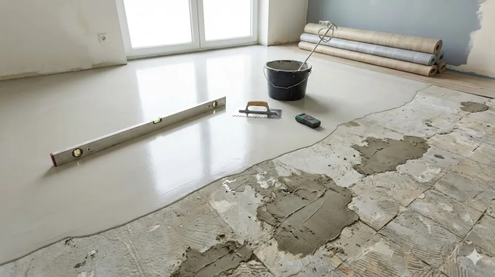 Процес вирівнювання підлоги нівелірмасою. Видно рівень, шпатель, відро з міксером та рулони лінолеуму на задньому плані