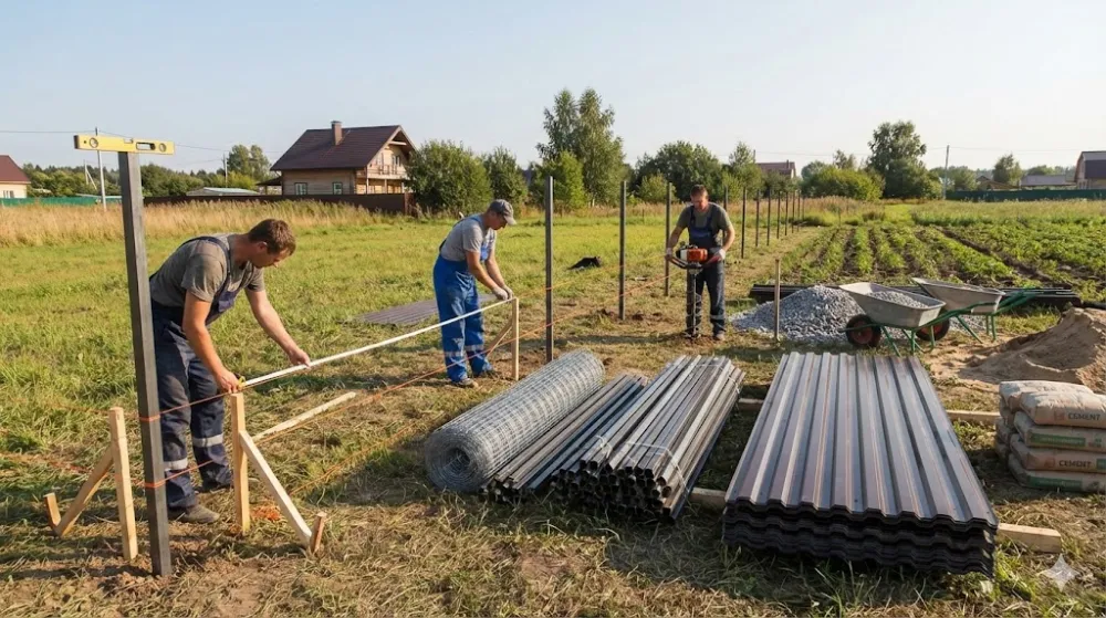 Процес встановлення паркану: розмітка, буріння ям та підготовка матеріалів, таких як профнастил та сітка