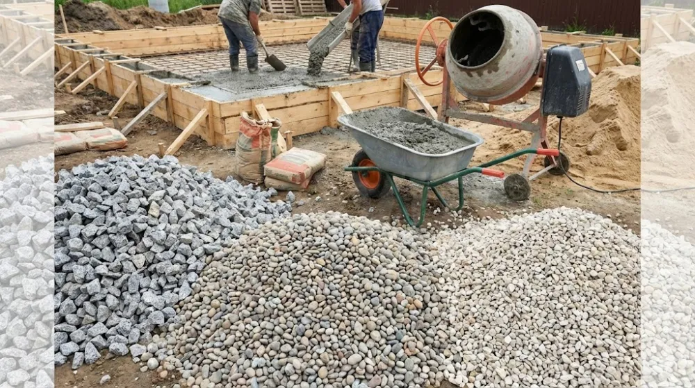 Будівельний майданчик: заливка фундаменту та види щебеню Заливка бетонного фундаменту. На передньому плані купи гранітного і гравійного щебеню, бетонозмішувач та тачка з розчином