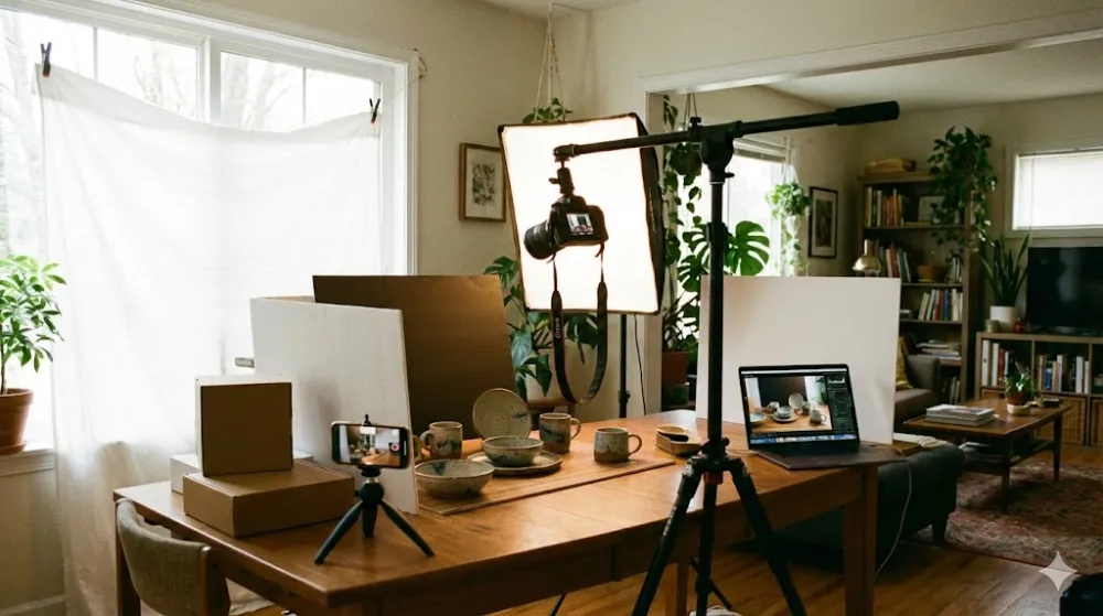 Процес предметної зйомки кераміки вдома. Видно камеру на штативі, софтбокс, відбивачі, ноутбук та смартфон у затишній вітальні