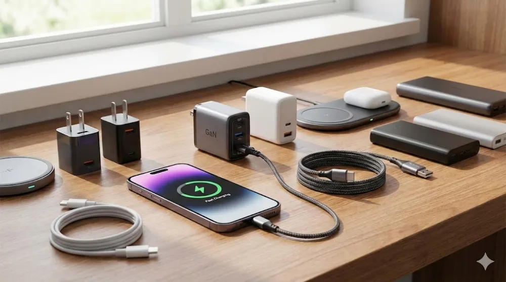 Смартфон заряджається від GaN-адаптера. На столі: набір зарядних блоків, кабелів, бездротові станції та павербанки