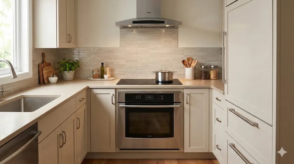 Сучасна кухня з правильним розташуванням плити, мийки та холодильника для безпечного приготування страв