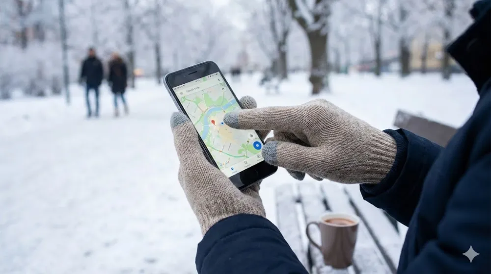 Крупний план рук у сенсорних рукавичках, що використовують смартфон з навігацією в зимовому парку