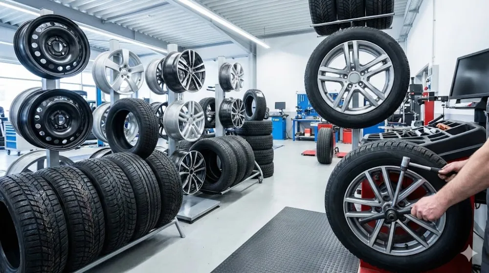 Інтер'єр автосервісу з великим вибором шин та дисків на стелажах. Механік балансує колесо на верстаті справа