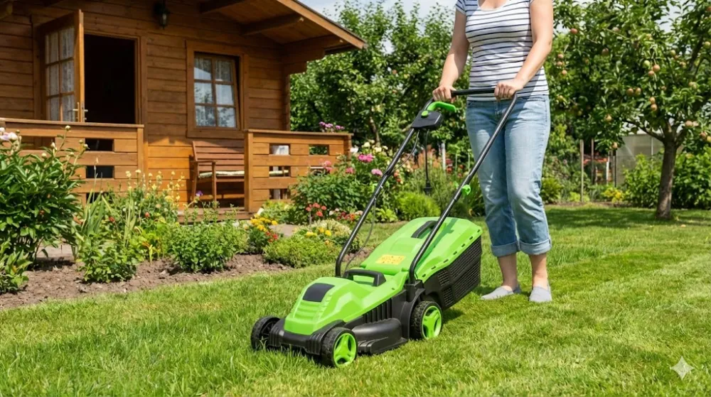 Жінка косить газон недорогою зеленою електричною газонокосаркою на дачній ділянці на тлі дерев'яного будинку