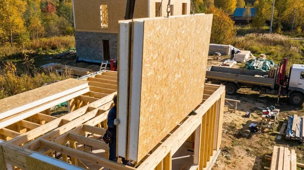 Робітник на будівельному майданчику направляє велику СІП-панель, яку піднімає кран, для монтажу стіни каркасного будинку