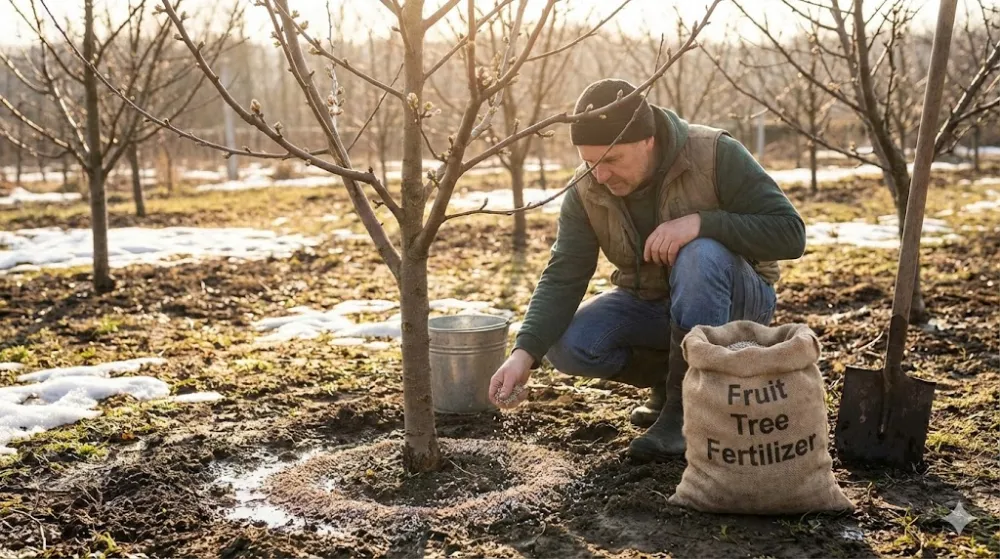 Садівник розсипає гранульоване добриво навколо стовбура молодого плодового дерева у весняному саду зі снігом