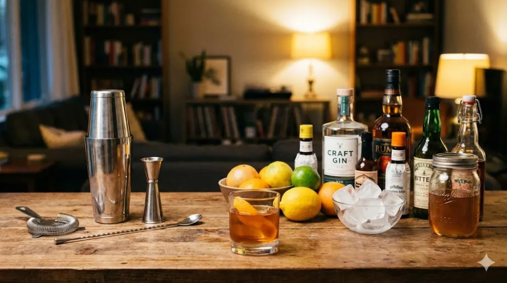 Набір інструментів для бару, алкоголь, лід та готовий коктейль на дерев'яному столі в затишній кімнаті