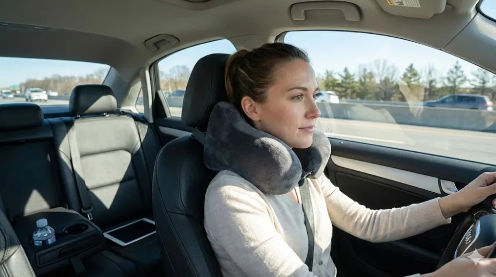 Водійка за кермом на трасі використовує сіру подушку для шиї в авто U-подібної форми для підтримки голови