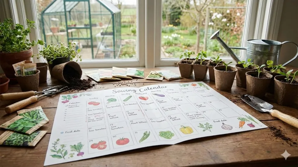 Графік посіву овочів на столі поруч із торф'яними горщиками, розсадою, насінням та садовим інструментом на фоні вікна