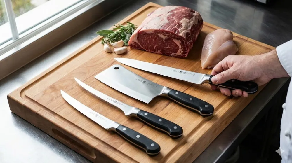Набір кращих ножів для м'яса на дерев'яній дошці: сікач, слайсер та філейні ножі біля шматка яловичини та курячого філе