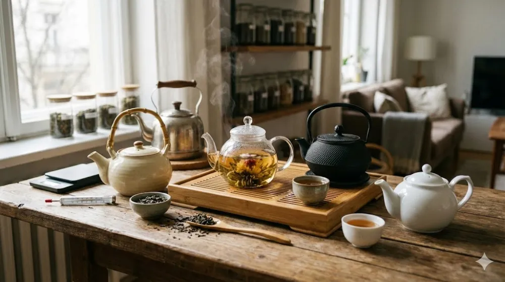 Різні види чайників на столі: скляний заварник з квіткою, чавунний, керамічний та порцеляновий, чайні аксесуари та піали