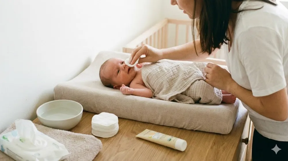 Гігієна новонародженого: щоденний догляд за шкірою без купання Мати ніжно протирає обличчя немовляти ватним диском на пеленальному столику поруч із дитячою косметикою