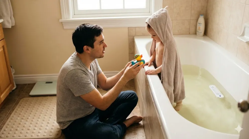 Батько терпляче пропонує іграшку дитині, яка з побоюванням стоїть у ванні, демонструючи, як діяти, коли дитина боїться купатись