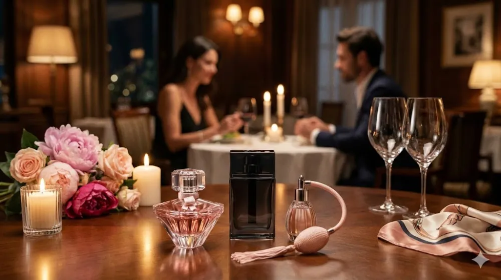 Парфуми для побачення, свічка та квіти на передньому плані, на фоні пара на романтичній вечері в ресторані