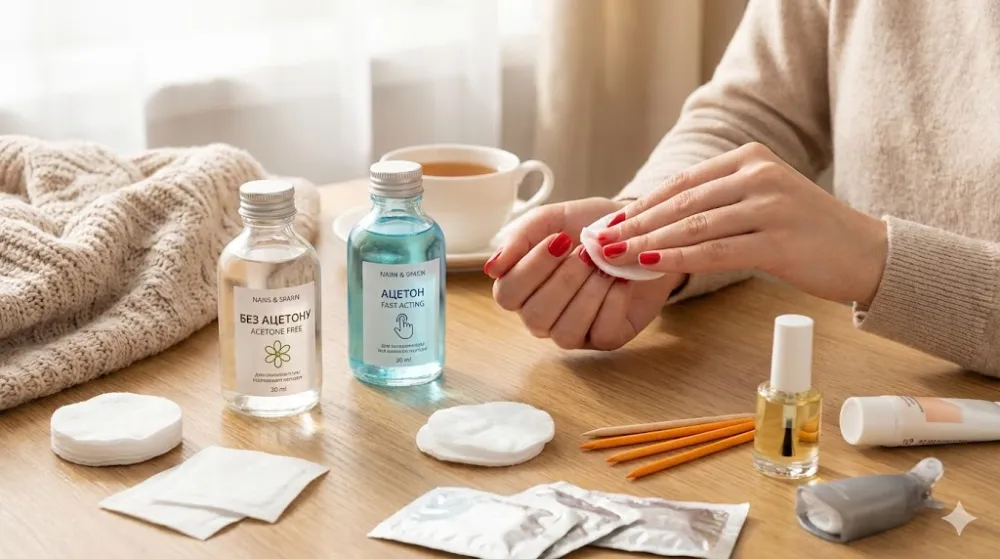 Жінка знімає червоний лак ватним диском, на столі флакони "Без ацетону" та "Ацетон", інструменти для манікюру