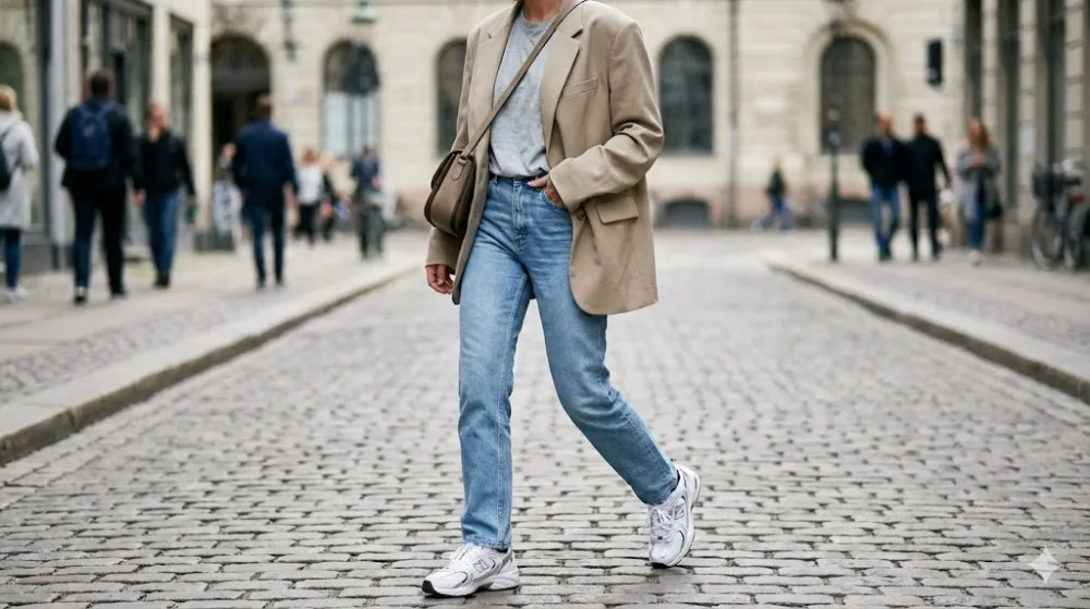 Вуличний стиль: жінка в білих масивних кросівках New Balance, прямих джинсах і бежевому жакеті oversize йде по бруківці
