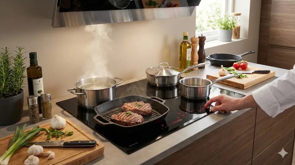 Людина готує на індукційній плиті: смажить стейки на сковороді-гриль і кип'ятить воду в каструлях на сучасній кухні