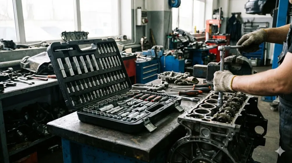 Механік в автомайстерні використовує тріскачку з великого професійного набору інструментів для ремонту двигуна