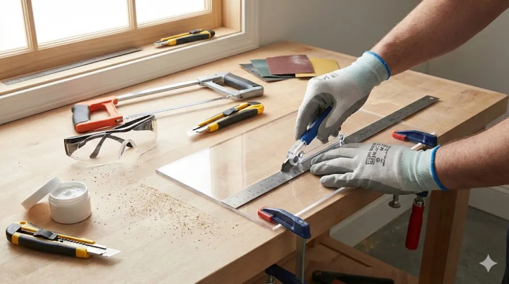 Різання оргскла вручну спеціальним ножем Процес ручного різання оргскла різаком під лінійку. На столі лежать струбцини, ножівка, окуляри та шліфувальна паста