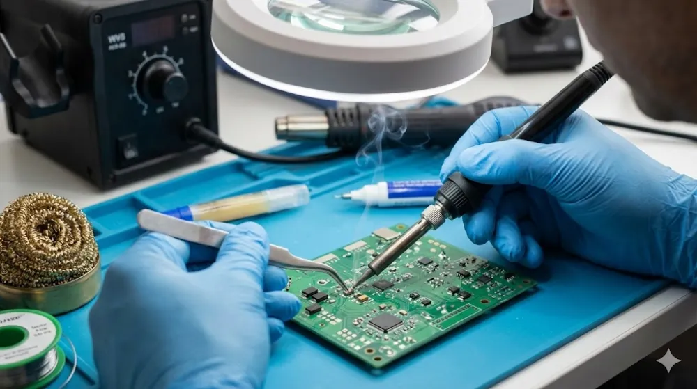 Процес монтажу SMD деталей на плату за допомогою паяльника, пінцета та лупи на антистатичному килимку