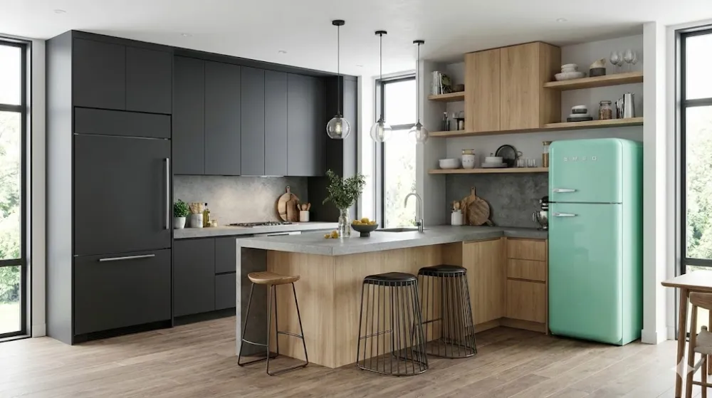 Поєднання вбудованого чорного холодильника та м'ятного ретро-холодильника в інтер'єрі сучасної кухні з островом