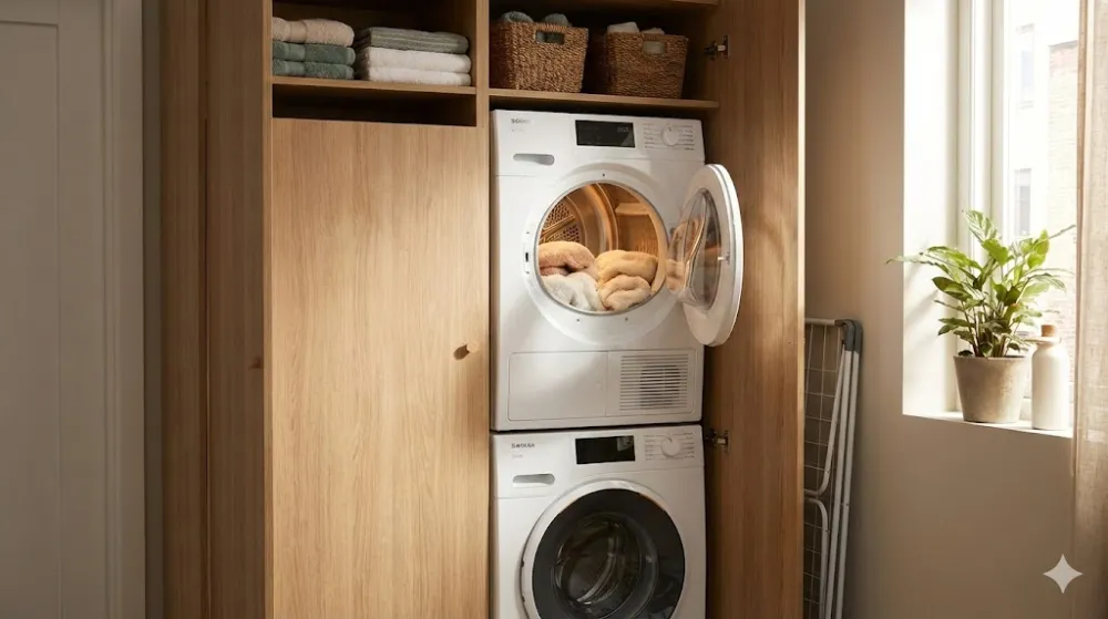 Компактна сушильна машина, встановлена в колону над пралкою у вбудованій дерев'яній шафі в інтер'єрі маленької квартири