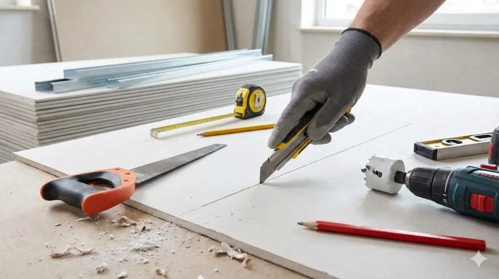 Процес різання гіпсокартону монтажним ножем Рука в рукавичці ріже лист гіпсокартону монтажним ножем, поруч лежать ножівка, дриль із коронкою та рулетка.=