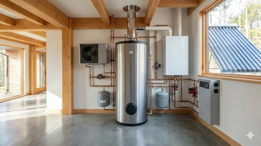 Сучасна котельня: бойлер непрямого нагріву, котел, тепловий насос, мідна обв'язка та сонячні колектори за вікном