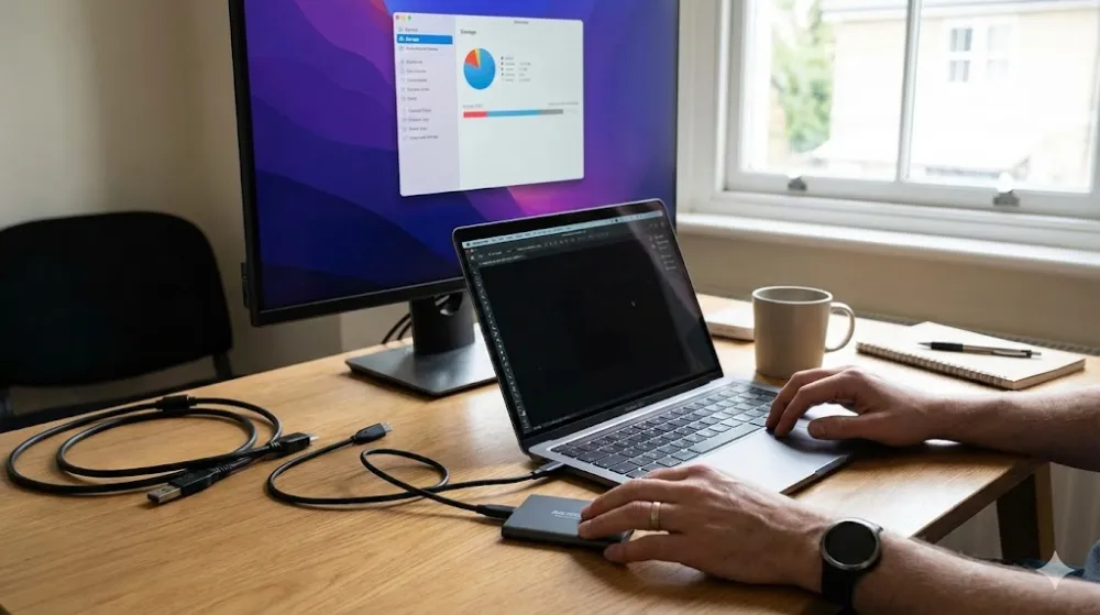 Як звільнити місце на диску C: підключення SSD до ноутбука Людина підключає зовнішній SSD диск до ноутбука на робочому столі, поруч на моніторі вікно аналізу використання диска