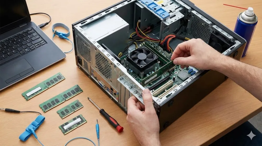 Встановлення RAM у системний блок ПК. На столі: ноутбук, модулі DIMM і SO-DIMM, викрутка та антистатичний браслет