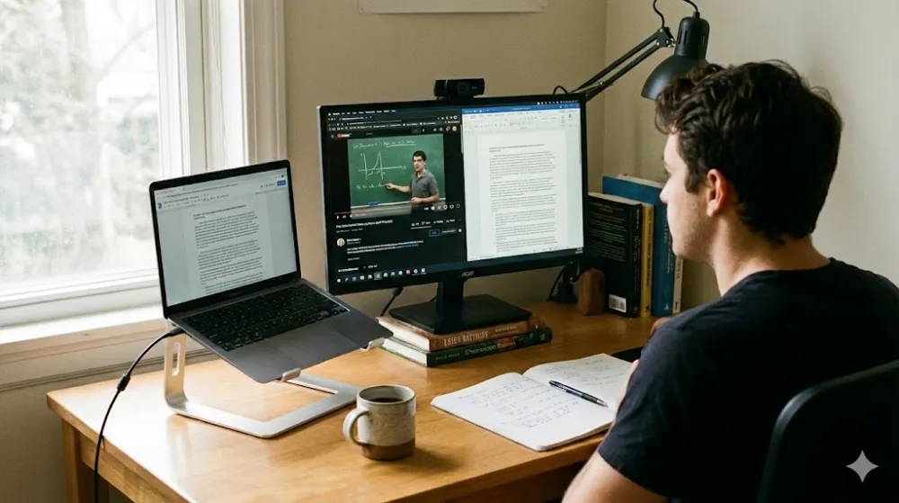 Робоче місце студента: ноутбук на підставці та бюджетний монітор для навчання, на якому відкрито лекцію та текстовий файл