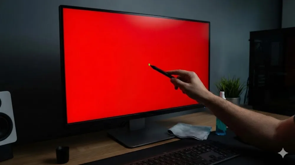 Людина вказує стилусом на дефектний зелений піксель на моніторі з червоним фоном під час діагностики екрана