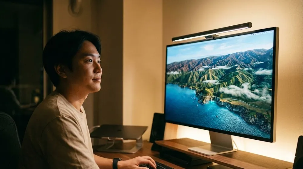 Чоловік працює за комп'ютером ввечері. Монітор з Flicker-Free та скрінбар забезпечують комфортне освітлення та захист зору