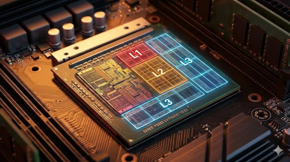 Макрофотографія процесора з підсвіченими зонами кеш-пам'яті L1, L2 та L3 на материнській платі комп'ютера