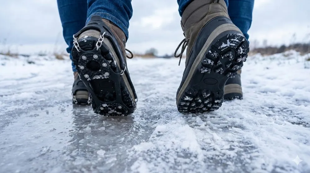 Льодоходи проти зимового взуття з протектором Порівняння взуття з льодоходами та глибоким протектором на слизькій замерзлій стежці