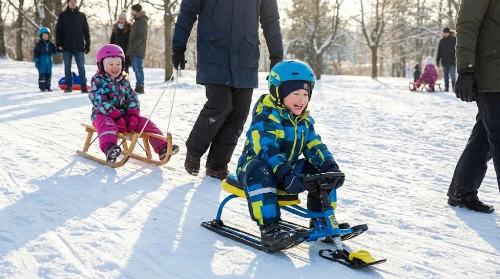 Хлопчик на синьому снігокаті та дівчинка на дерев'яних санках у шоломах під час прогулянки в парку