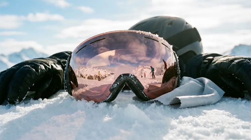 Гірськолижна маска зі сферичною лінзою на снігу, поруч рукавиці, шолом і серветка. У лінзі відображаються гори та лижники