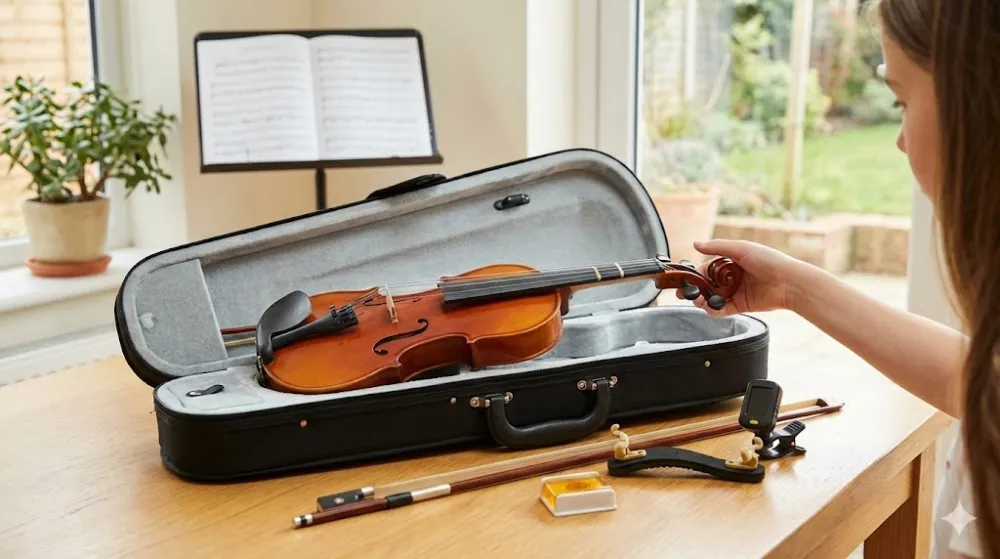 Рука дівчинки бере скрипку з відкритого футляра на столі. Поруч лежать смичок, місток, каніфоль і тюнер