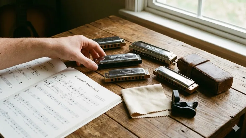 Різні типи губних гармошок, ноти та аксесуари на дерев'яному столі. Рука обирає інструмент для гри