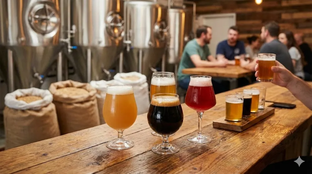 Крафтове пиво: різні стилі та правильні келихи Дегустаційний сет та різні стилі крафтового пива (стаут, IPA, сауер) у спеціальних келихах на броварні
