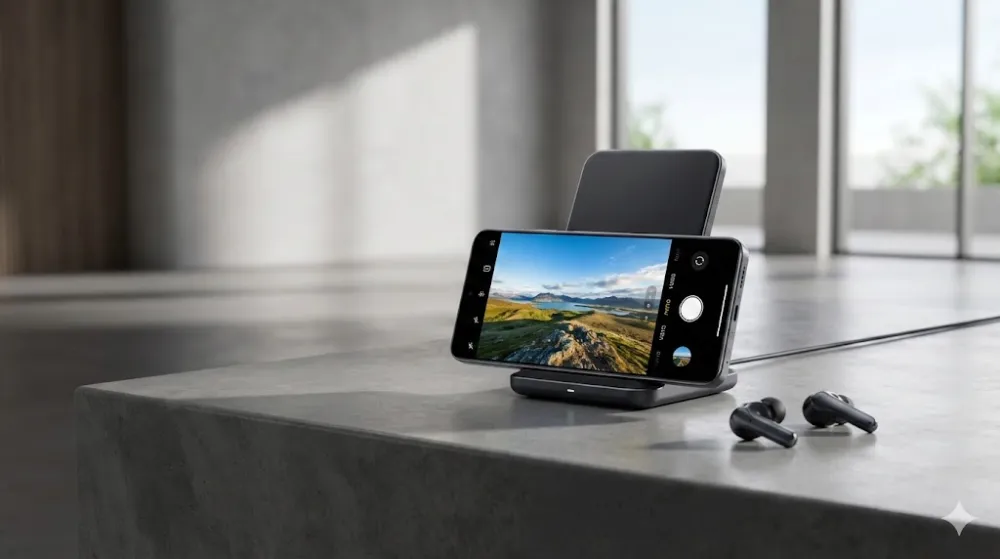 Смартфон OnePlus 13 на бездротовій зарядній станції, поруч лежать чорні бездротові навушники. На екрані фото пейзажу