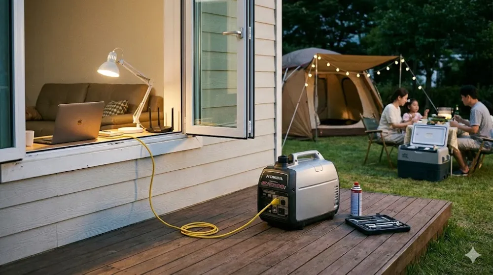Інверторний генератор Honda стоїть на терасі та живить ноутбук у будинку, а на задньому плані сім'я відпочиває біля намету